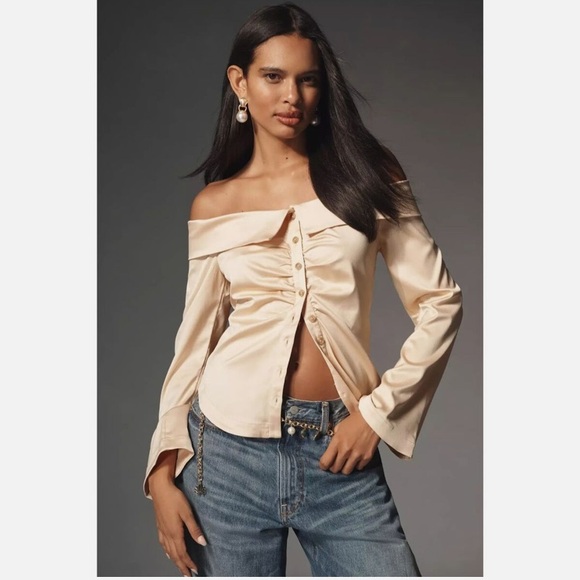By Anthropologie Off-The Shoulder Collared Silky Shirt Size XS - Picture 1 of 17